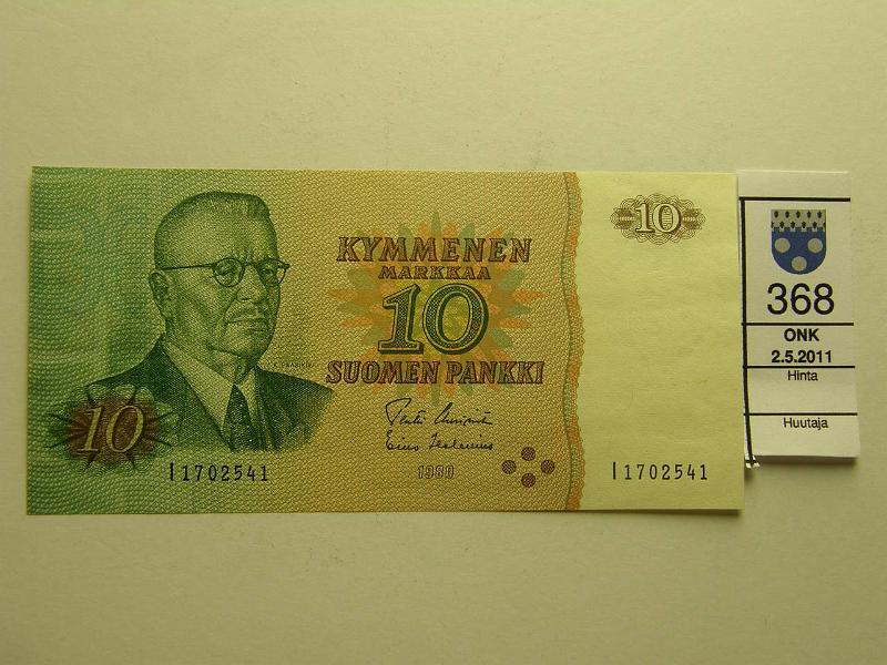 kohde_368_a.jpg - Kohde 368, lhthinta: 80 € 10 mk 1980 SNY 147.3, I1702541 UUS-Hes, korvaava I-sarja, takana painomustetarttumaa, kunto: 9.