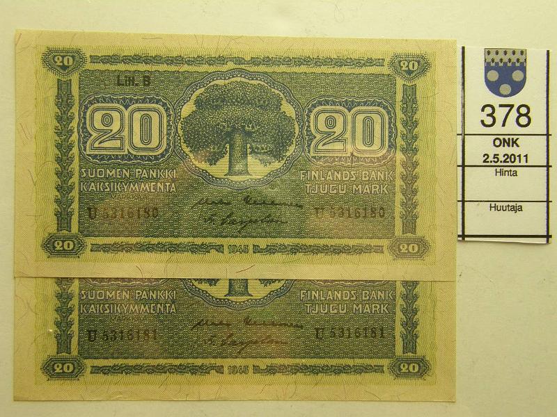 kohde_378_a.jpg - Kohde 378, lhthinta: 13 € 20 mk 1945 LB (2) SNY 160.2, U5316180, -81 KEK-Car, olleet rullalla, ei taitteita, kunto: 8.