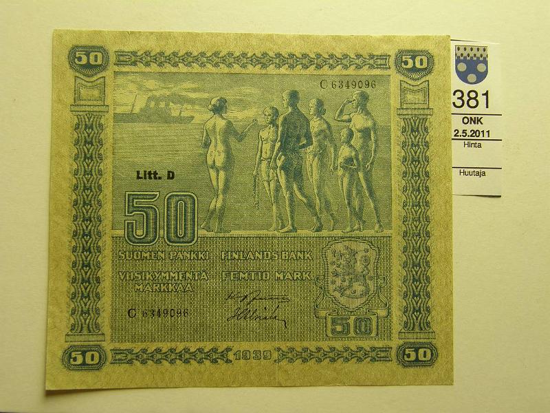 kohde_381_a.jpg - Kohde 381, lhthinta: 30 € 50 mk 1939 LD SNY 168.2, C6349096 JUT-Als, vl 2, kunto: 7.