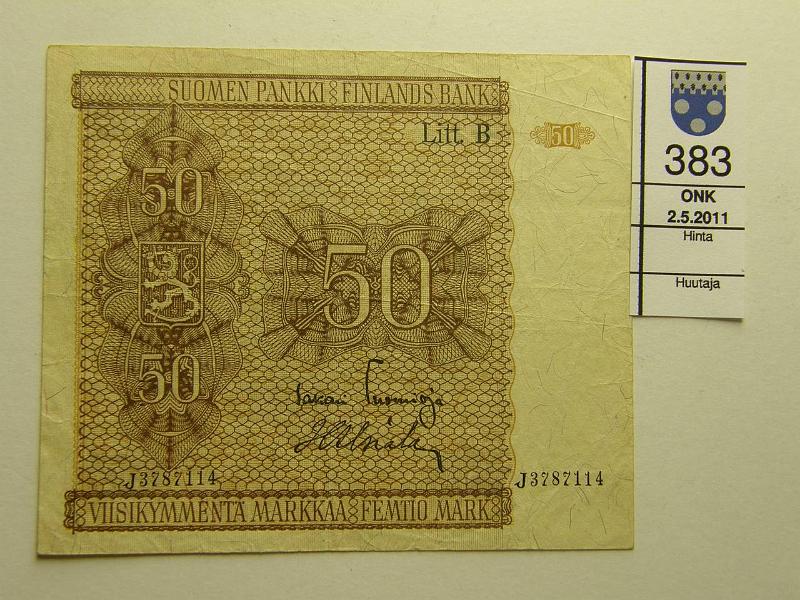 kohde_383_a.jpg - Kohde 383, lhthinta: 5 € 50 mk 1945 LB SNY 169.4, J3787114 TUO-Als, laatta IV, kunto: 4.