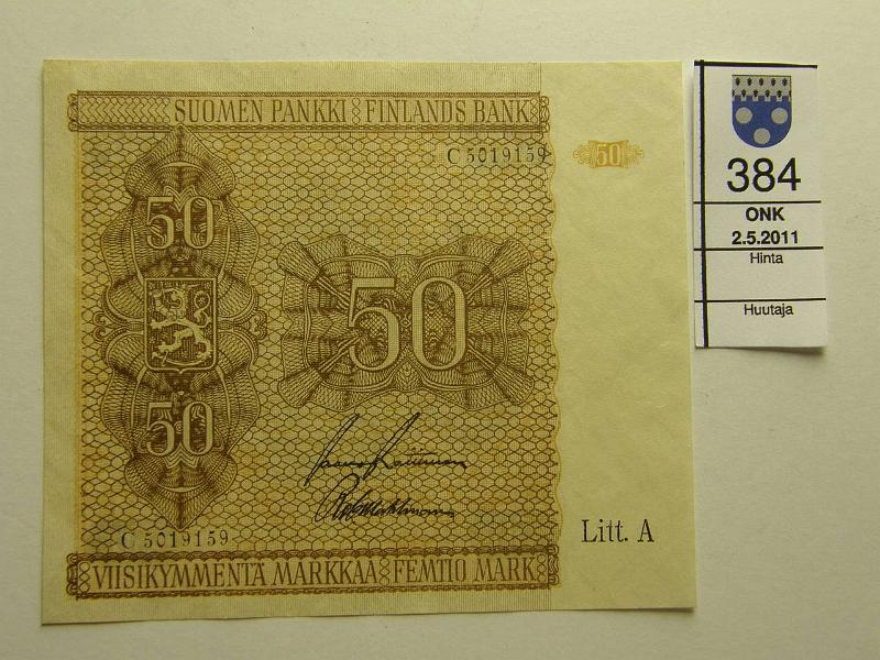 kohde_384_a.jpg - Kohde 384, lhthinta: 35 € 50 mk 1945 LA SNY 169.2, C5019159 RAI-Wah, laatta II, ei taitoksia, kunto: 8-9.