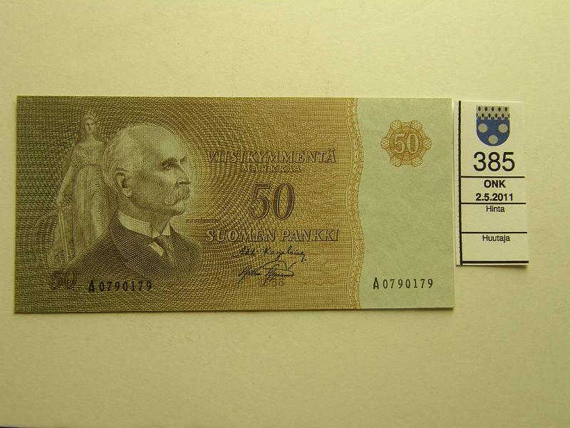 kohde_385_a.jpg - Kohde 385, lhthinta: 130 € 50 mk 1963 SNY 170.1, A0790179 KA I-Aas (harvinaisempi allek.), kunto: 6.