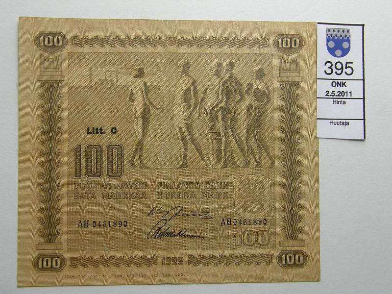 kohde_395_a.jpg - Kohde 395, lhthinta: 50 € 100 mk 1922 LC SNY 178.5, AH0461890 JUT-Wah, laattanumerolla, kunto: 5.