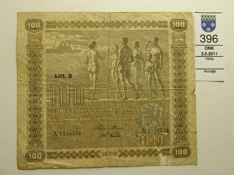 kohde_396_a.jpg - Kohde 396, lhthinta: 5 € 100 mk 1939 LD SNY 179.1, A1935030 HEU-Aas, vl 1, ohentuma, prep, nuhruinen, kunto: 3.