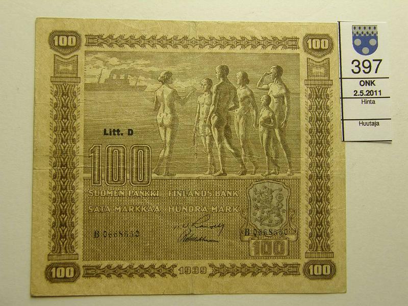 kohde_397_a.jpg - Kohde 397, lhthinta: 15 € 100 mk 1939 LD SNY 179.1, B0668550 RAN-Wah, vl 1, p.reik, kunto: 4.