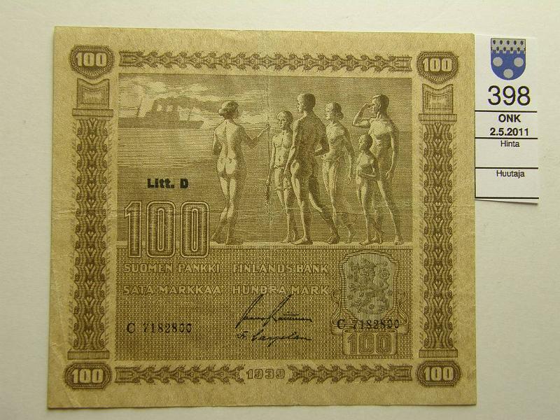 kohde_398_a.jpg - Kohde 398, lhthinta: 15 € 100 mk 1939 LD SNY 179.2, C7182800 RAI-Car, vl 2, kunto: 5.