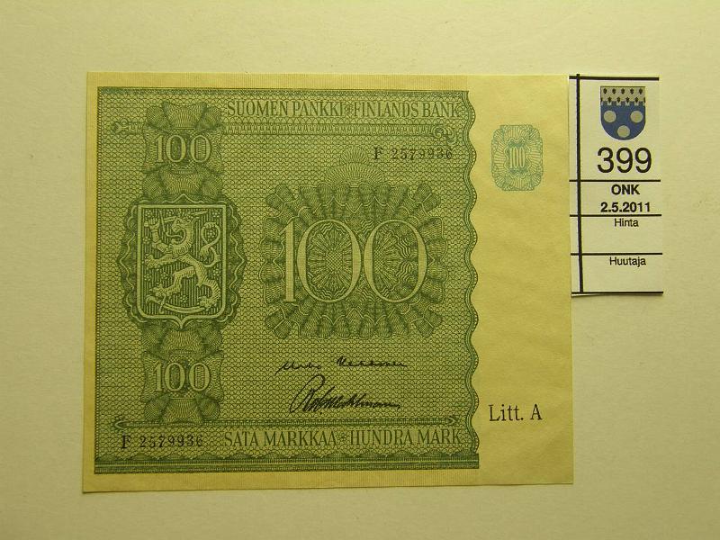 kohde_399_a.jpg - Kohde 399, lhthinta: 30 € 100 mk 1945 LA SNY 180.1, F2579936 KEK-Wah, kunto: 9.