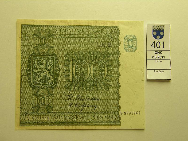 kohde_401_a.jpg - Kohde 401, lhthinta: 5 € 100 mk 1945 LB SNY 180.2, V8991964 KIV-Kil, kunto: 7.