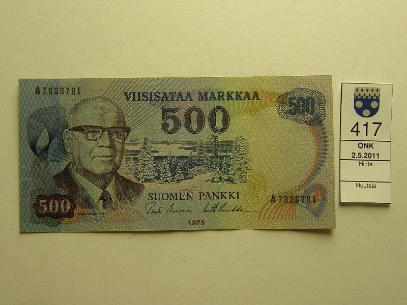 kohde_417_a.jpg - Kohde 417, lhthinta: 140 € 500 mk 1975 SNY 193.1, A7828781 UUS-Luu, kelt. lanka, paperissa aaltoilua, kunto: 6.