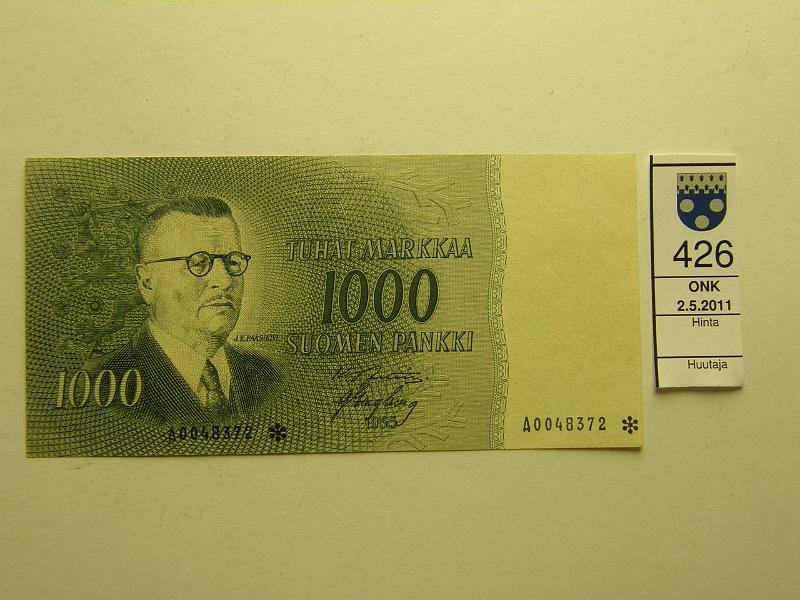 kohde_426_a.jpg - Kohde 426, lhthinta: 150 € 1000 mk 1955 SNY 200.1, A0048372* JUT-Eng, vl 1, korvaava, kunto: 6.