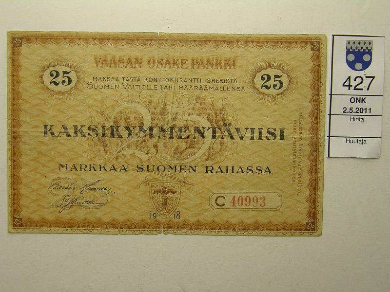 kohde_427_a.jpg - Kohde 427, lhthinta: 55 € 25 mk 1918 LC SNY 212.5, Vaasan Osuuspankki C40993, p.reiki, prep, pehme paperi, kunto: 3.