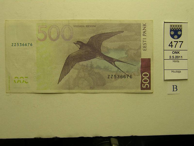 kohde_477_b.jpg - Kohde 477, takapuoli, lhthinta: 35 € Eesti 100 kroon 2007 P# ZZ536676, korvaava, kulumaa ylreunassa, kunto: 6.