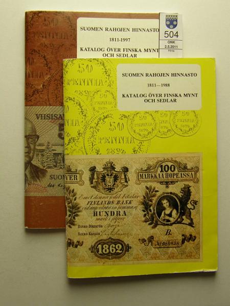 kohde_504_a.jpg - Kohde 504, lhthinta: 5 €  Suomen rahojen hinnastot 1811-1988 (Toim. Wallestierna) ja 1881-1997 Vanhemmassa muutama kynmerkint. Siistej., kunto: 8.