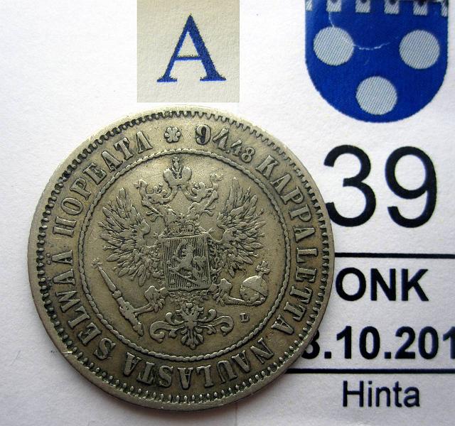 kohde_039_a.jpg - Kohde 39, tunnuspuoli, lhthinta: 7 € / myyntihinta: 9 € 1 mk 1890 Ag, kunto: 5.