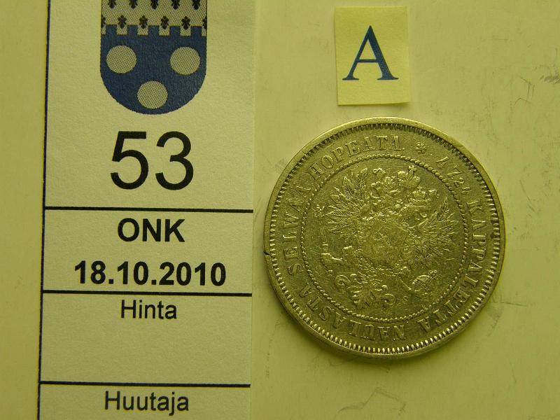 kohde_053_a.jpg - Kohde 53, tunnuspuoli, lhthinta: 15 € / myyntihinta: 23 € 2 mk 1872 Ag, eprv, kunto: 4.