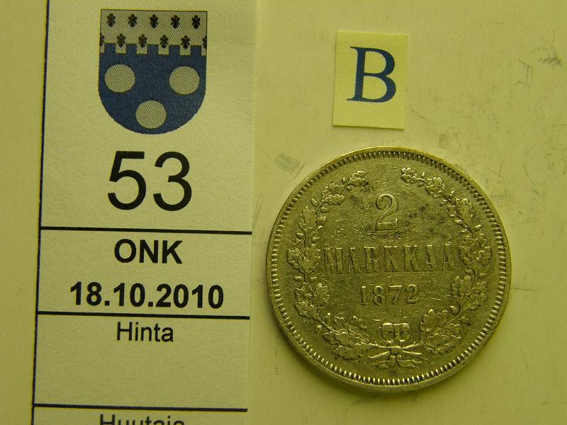 kohde_053_b.jpg - Kohde 53, arvopuoli, lhthinta: 15 € / myyntihinta: 23 € 2 mk 1872 Ag, eprv, kunto: 4.