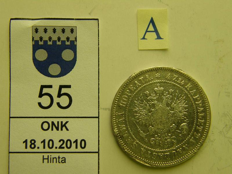 kohde_055_a.jpg - Kohde 55, tunnuspuoli, lhthinta: 5 € / myyntihinta: 9 € 2 mk 1874 Ag, rvja, kunto: 2.