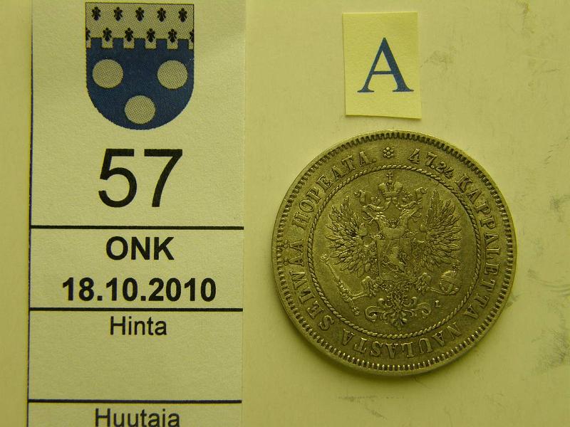 kohde_057_a.jpg - Kohde 57, tunnuspuoli, lhthinta: 20 € / myyntihinta: 27 € 2 mk 1906 Ag, SNY 500.2, kunto: 5.