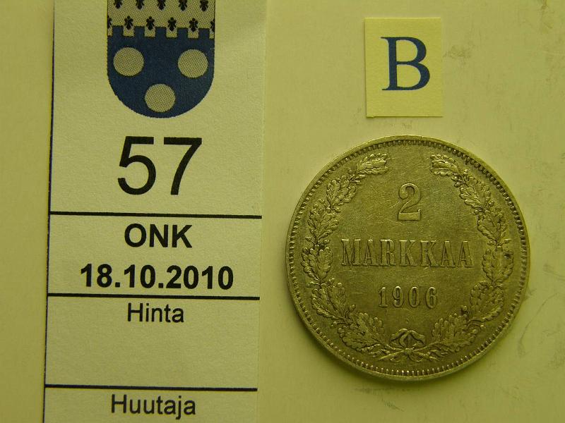 kohde_057_b.jpg - Kohde 57, arvopuoli, lhthinta: 20 € / myyntihinta: 27 € 2 mk 1906 Ag, SNY 500.2, kunto: 5.