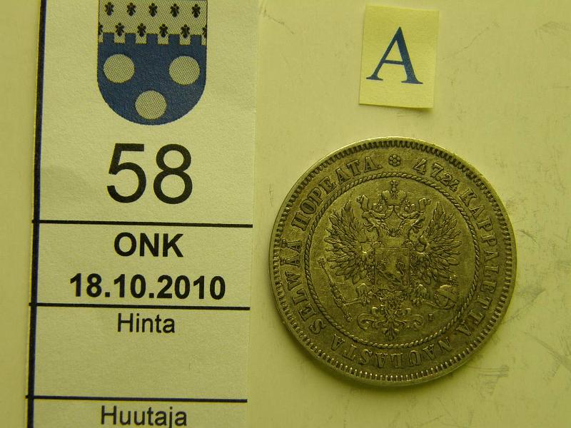 kohde_058_a.jpg - Kohde 58, tunnuspuoli, lhthinta: 20 € / myyntihinta: 27 € 2 mk 1906 Ag, SNY 500.2, kunto: 5.