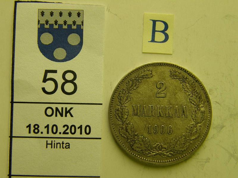 kohde_058_b.jpg - Kohde 58, arvopuoli, lhthinta: 20 € / myyntihinta: 27 € 2 mk 1906 Ag, SNY 500.2, kunto: 5.