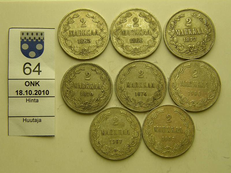 kohde_064_a.jpg - Kohde 64, lhthinta: 100 € / myyntihinta: 210 € 2 mk Er (8) 1865-1908 Ag, 8 eril., ei 1905, keskikl 4, leijona nkyy kaikissa, kunto: 3-6.