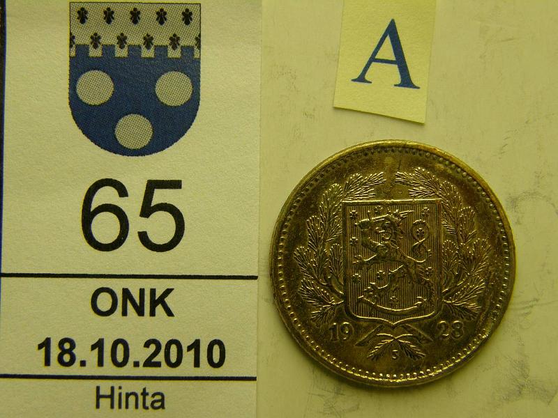 kohde_065_a.jpg - Kohde 65, tunnuspuoli, lhthinta: 50 € / myyntihinta: 56 € 5 mk 1928 puhd, pmv, kunto: 6.