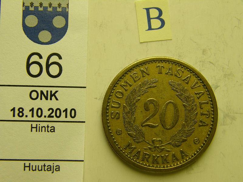 kohde_066_b.jpg - Kohde 66, arvopuoli, lhthinta: 40 € / myyntihinta: 44 € 20 mk 1932, kunto: 4.