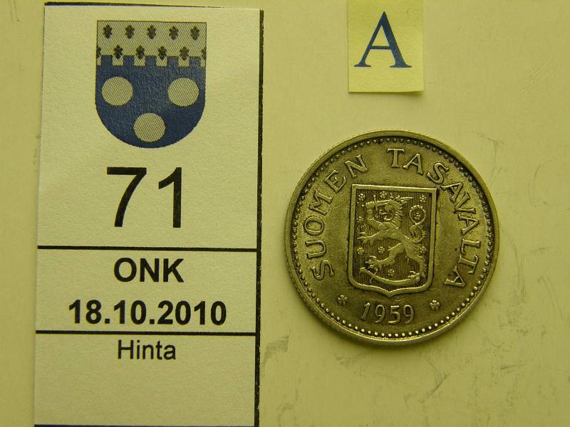 kohde_071_a.jpg - Kohde 71, tunnuspuoli, lhthinta: 10 € / myyntihinta: 13 € 100 mk 1959 Ag, hnja, kunto: 6.