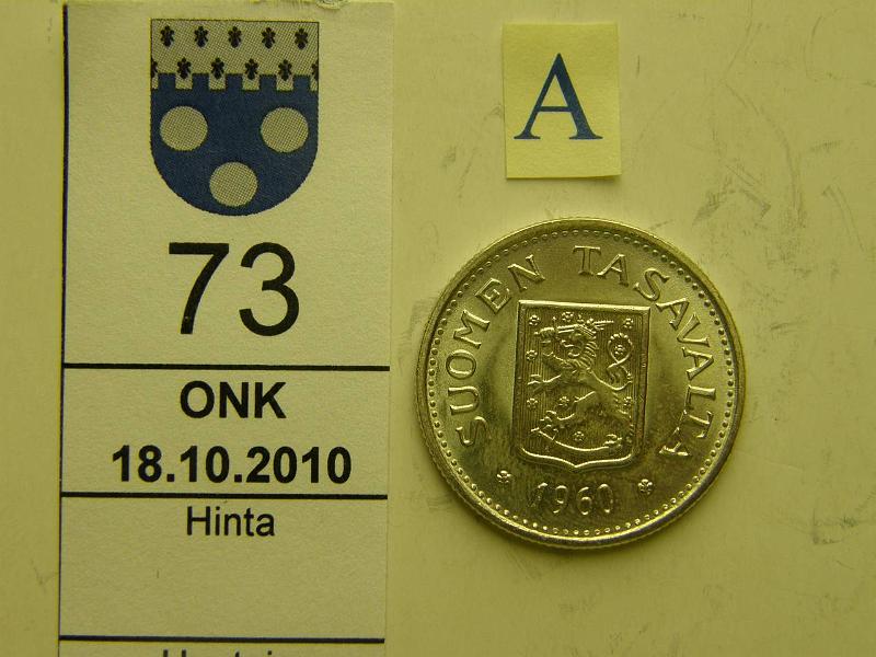 kohde_073_a.jpg - Kohde 73, tunnuspuoli, lhthinta: 20 € / myyntihinta: 29 € 100 mk 1960 Ag, kunto: 9/8.