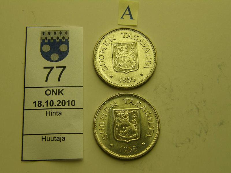 kohde_077_a.jpg - Kohde 77, tunnuspuoli, lhthinta: 8 € / myyntihinta: 13 € 200 mk 1956, -58H Ag, kunto: 8.