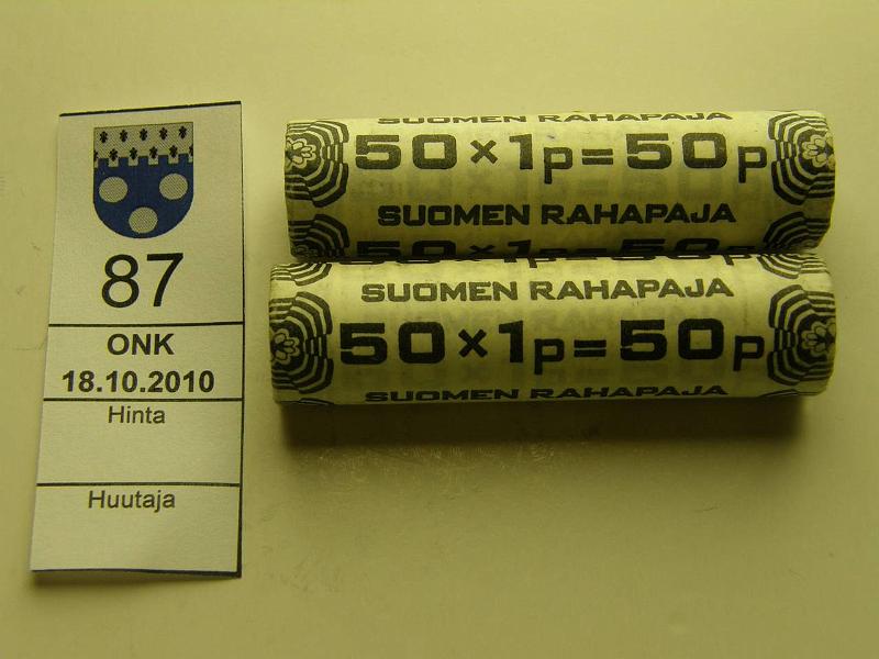 kohde_087_a.jpg - Kohde 87, lhthinta: 2 € / myyntihinta: 3 € 1 p (2) 1969 Al, Rahapajan rullat 50 x 1p = 50p, kruunu/klaava, kunto: 9.