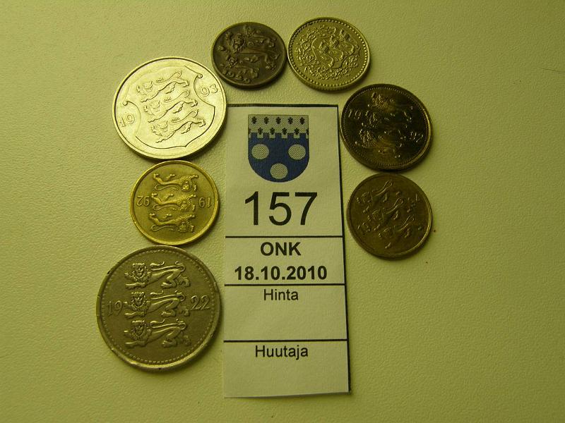 kohde_157_a.jpg - Kohde 157, lhthinta: 10 € / myyntihinta: 20 € Eesti (7) 1922-94 KM#3, 5, 10, 22, 24, 28 5 mk 1922, 1 mk-26, 1 s-29, 10 s-92, -94, 50 s-92, 1 kr-93, kunto: 5-8.