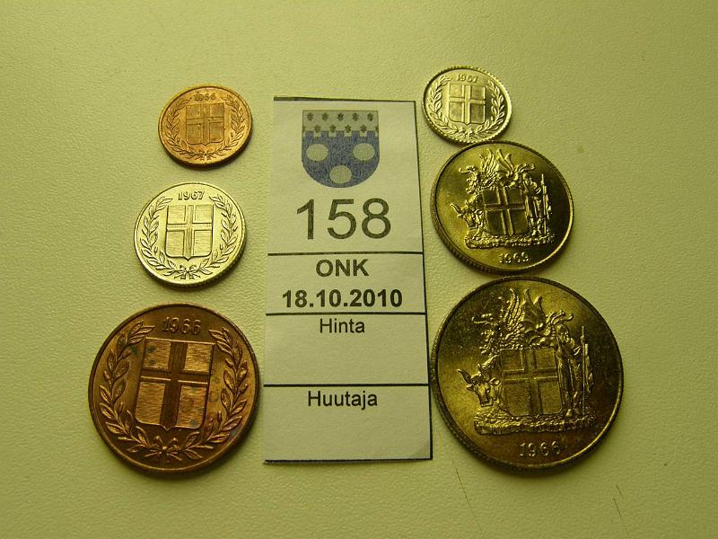 kohde_158_a.jpg - Kohde 158, lhthinta: 5 € / myyntihinta: 6 € Islanti (6) 1966-69 KM#8-12a, 13a 1+5 aur 1966; 10+25 aur -67; 1 kr-69 ja 2 kr-66 eprv, kiertmtmt kolikot, kunto: 8-9.