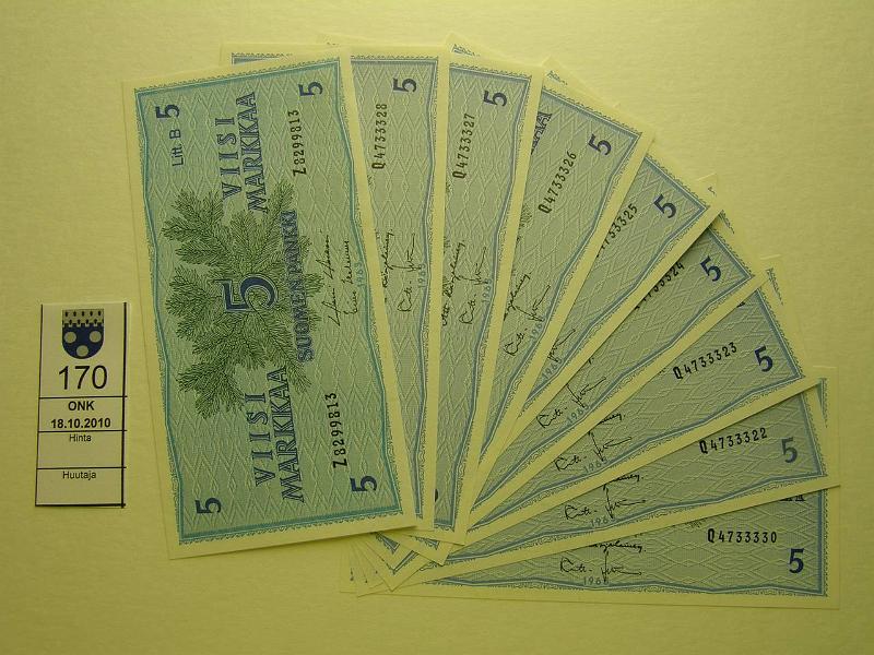 kohde_170_a.jpg - Kohde 170, lhthinta: 10 € / myyntihinta: 23 € 5 mk Er (9) 1963 LB SNY 135.6, Z8299813 HOL-Hel, Q4733322-28 ja 
30 (8kpl) KA I-Leh, kunto: 9.