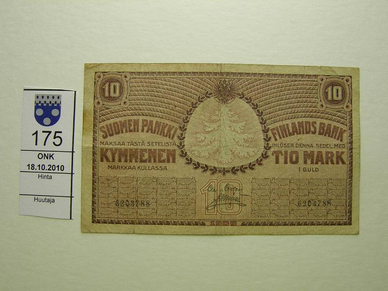 kohde_175_a.jpg - Kohde 175, lhthinta: 5 € / myyntihinta: 10 € 10 mk 1909 SNY 141.1, 6203788 COL-Ml, tahra, prep, pehme paperi, kunto: 3.