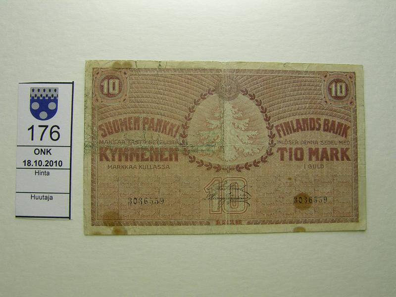 kohde_176_a.jpg - Kohde 176, lhthinta: 5 € / myyntihinta: 5 € 10 mk 1918 SNY 142.1, 3036559 STE-His, tahroja, prep, pehme paperi, kunto: 3.