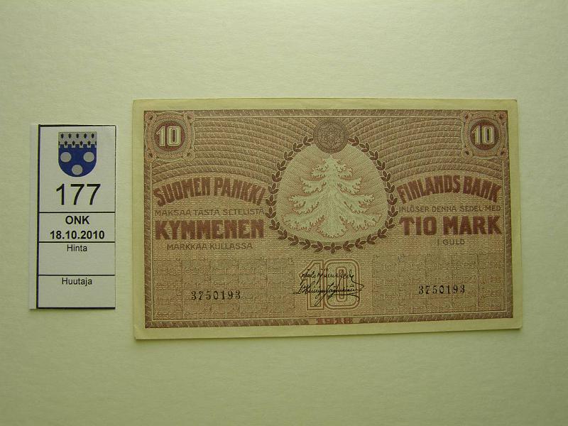 kohde_177_a.jpg - Kohde 177, lhthinta: 70 € 10 mk 1918 SNY 142.1, 3750193 JR-His, kaunis, ei yhtn taitosta lpi setelin, kunto: 7.