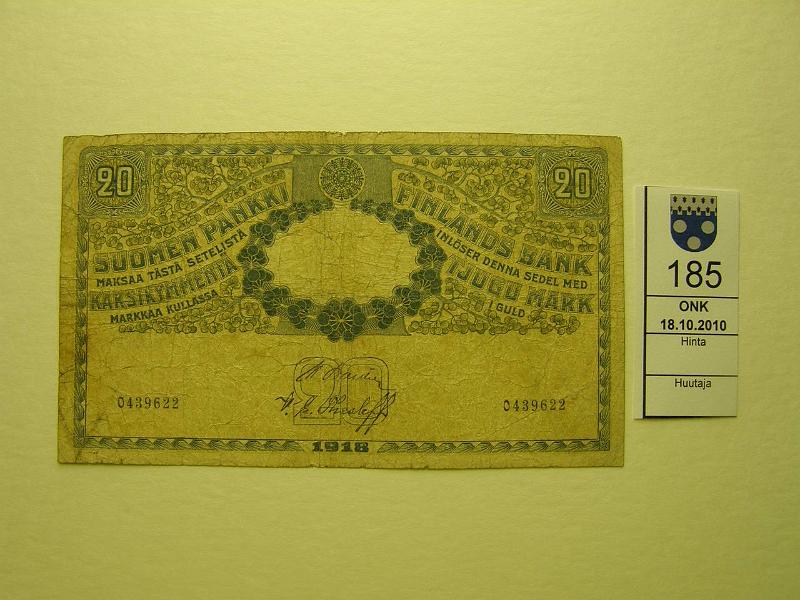 kohde_185_a.jpg - Kohde 185, lhthinta: 45 € 20 mk 1918 SNY 157, 0469622 BA I-The, preik, pehme paperi, kunto: 3.