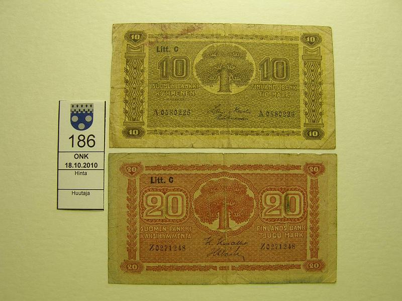 kohde_186_a.jpg - Kohde 186, lhthinta: 5 € / myyntihinta: 11 € 20 mk 1922 LC (10+20mk) SNY 158.4 ja 143.4, 20mk Z0271248 KIV-Als, sinerv vrjym  takaosasta, p.rep, 10mk A0580226 HEU-Kiv, prep, pehmeit. Molemmissa harvinaisempi allekirjoituspari, kunto: 3.