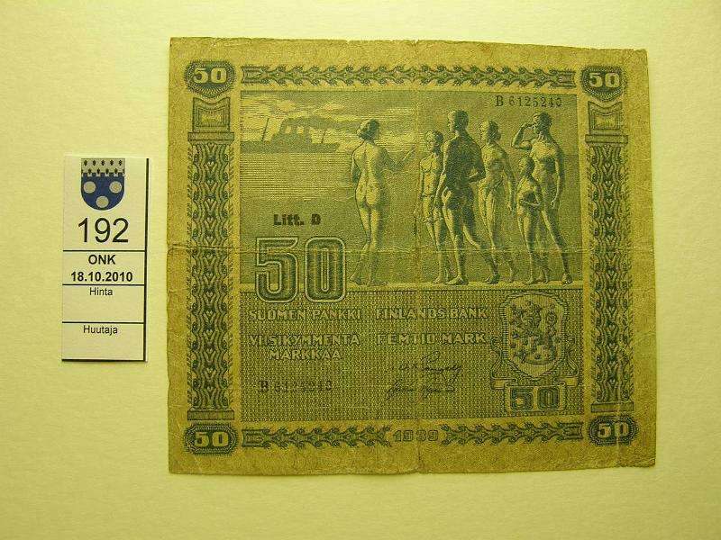 kohde_192_a.jpg - Kohde 192, lhthinta: 5 € 50 mk 1939 LD SNY 168.1, B8901135 RAN-AAs, vl I, keskireik, prep, kunto: 3.