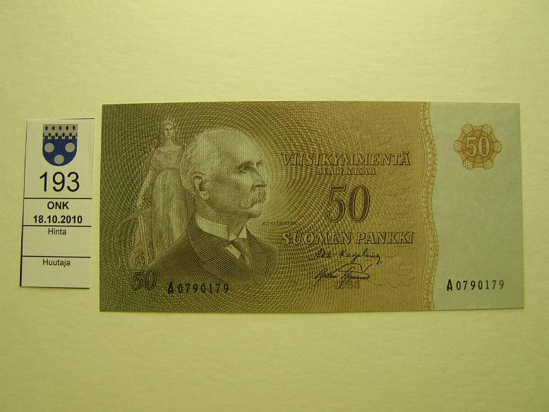 kohde_193_a.jpg - Kohde 193, lhthinta: 100 € 50 mk 1963 SNY 170.1, A0790179 KA I-Aas, harvinaisempi allekirjoituspari, kunto: 7.