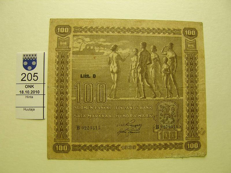 kohde_205_a.jpg - Kohde 205, lhthinta: 10 € 100 mk 1939 LD SNY 179.1, B9209515 RAN-AAs vl 1, alareunassa kulumaa, neulanreik, prep, kynm., kunto: 4.