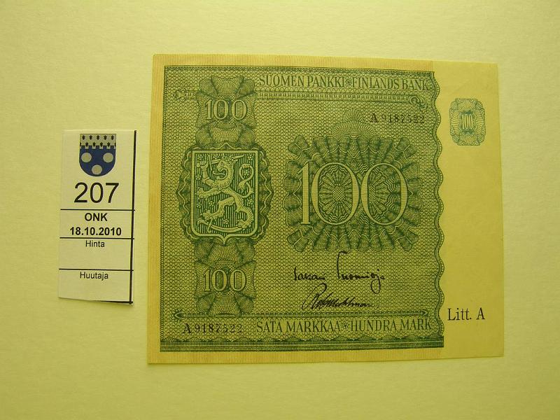 kohde_207_a.jpg - Kohde 207, lhthinta: 55 € 100 mk 1945 LA SNY 180.1, A9187522 TUO-Wah, kunto: 8.