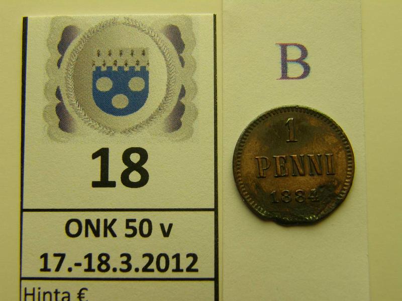 k-0018-b.jpg - Kohde 18 (kuva 2/2), lhthinta: 45 € / myyntihinta: 45 € 1 p 1884 puhd, alareunassa metallivika / puutosalue? Kulununeisuuden osalta kunto 6, kunto: 2