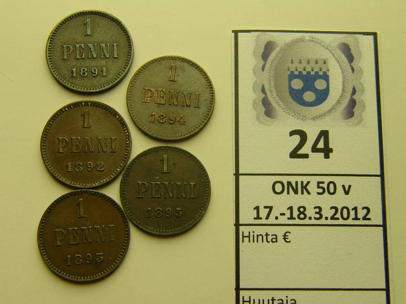 k-0024-a.jpg - Kohde 24, lhthinta: 10 € / myyntihinta: 10 € 1 p Er (5) 1891, 92, 93, 94, 95, osin leimakiiltoisia, kunto: 6-7