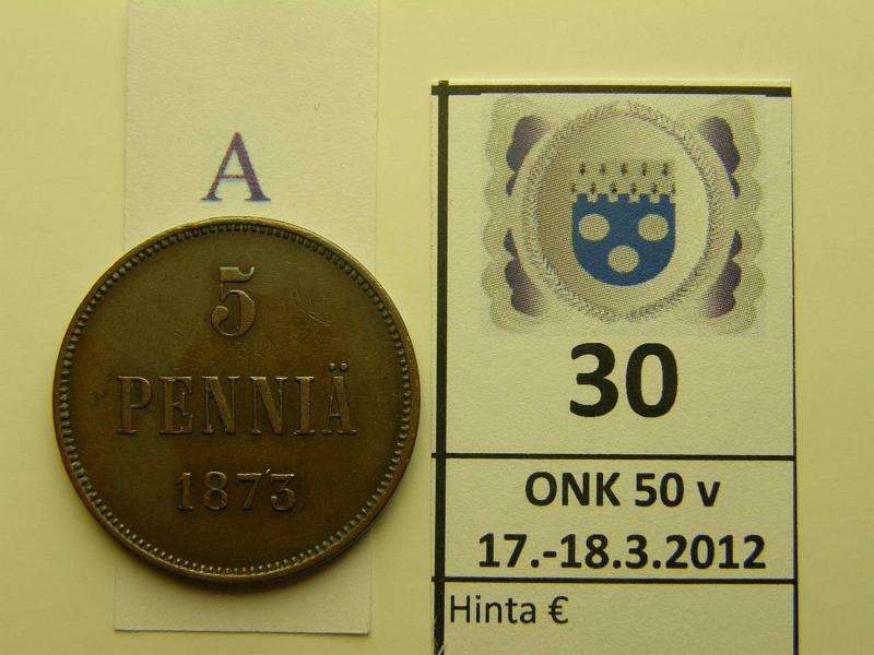 k-0030-a.jpg - Kohde 30 (kuva 1/2), lhthinta: 30 € / myyntihinta: 30 € 5 p 1873 l.puhd, eprv, kunto: 6