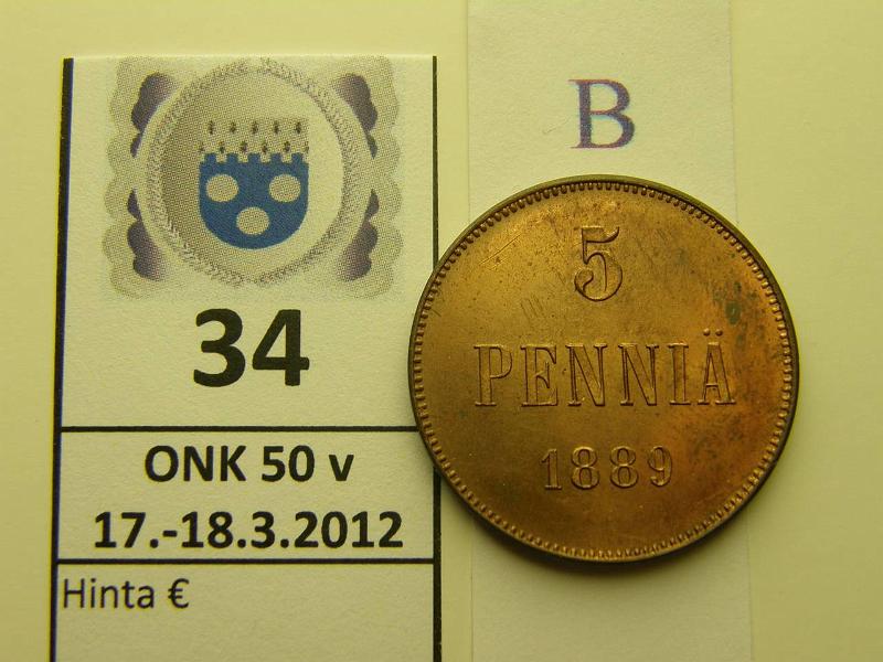 k-0034-b.jpg - Kohde 34 (kuva 2/2), lhthinta: 550 € 5 p 1889 peilipinta, hieman patinaa, arvop. juuri nkyv hiusnaarmu, loistelias!, kunto: 9