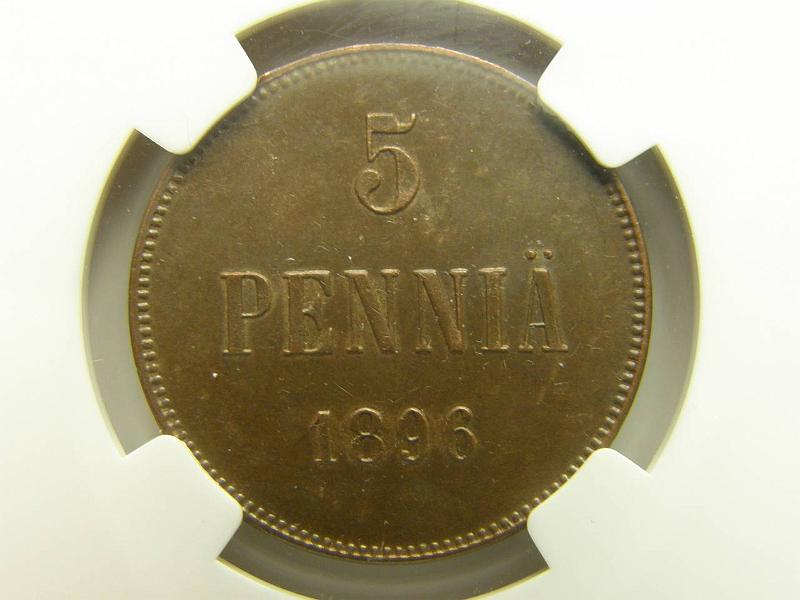 k-0036-b.jpg - Kohde 36 (kuva 2/3), lhthinta: 100 € 5 p 1896 kapseloitu: NGC AU 58, brown; tumma kaunis patina, hivhdys leimakiiltoa, kunto: 7