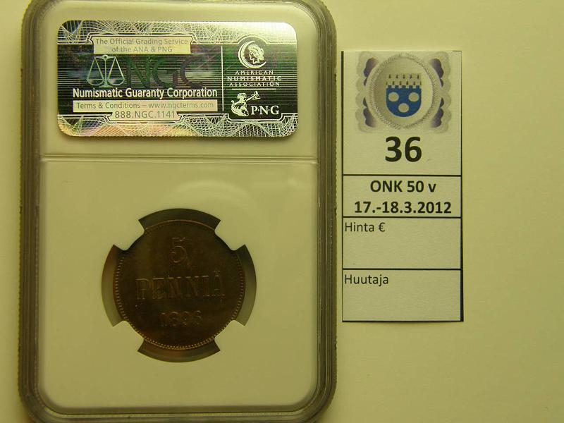 k-0036-c.jpg - Kohde 36 (kuva 3/3), lhthinta: 100 € 5 p 1896 kapseloitu: NGC AU 58, brown; tumma kaunis patina, hivhdys leimakiiltoa, kunto: 7